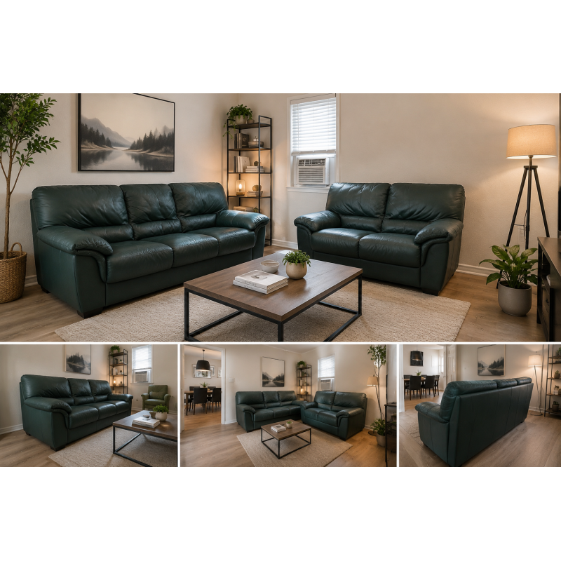 Natuzzi Genuine Leather Sofa & Loveseat Set Forest Green - Made in Italy